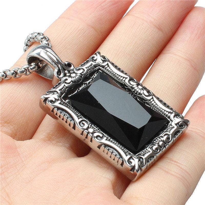 MNP/MJ - Retro Carved Black Gemstone Stainless Steel Charm: Only pendant