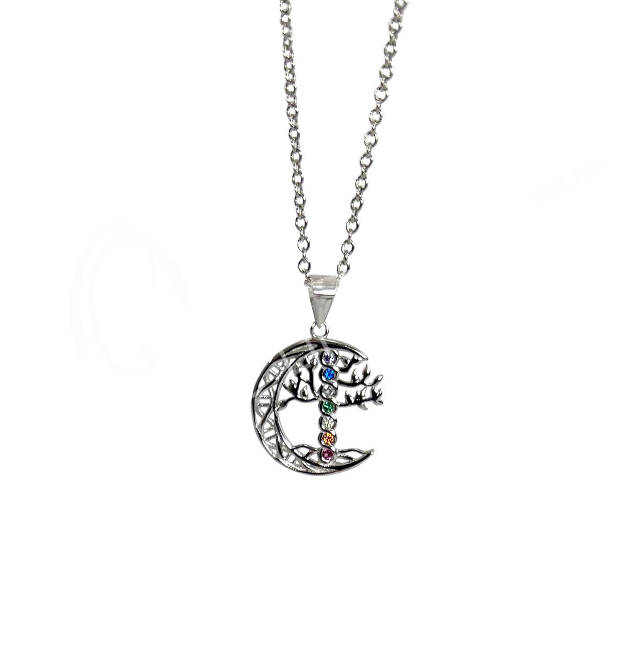 (PC)STERLING SILVER - PENDANT CHAKRA TREE MOON 0.85"