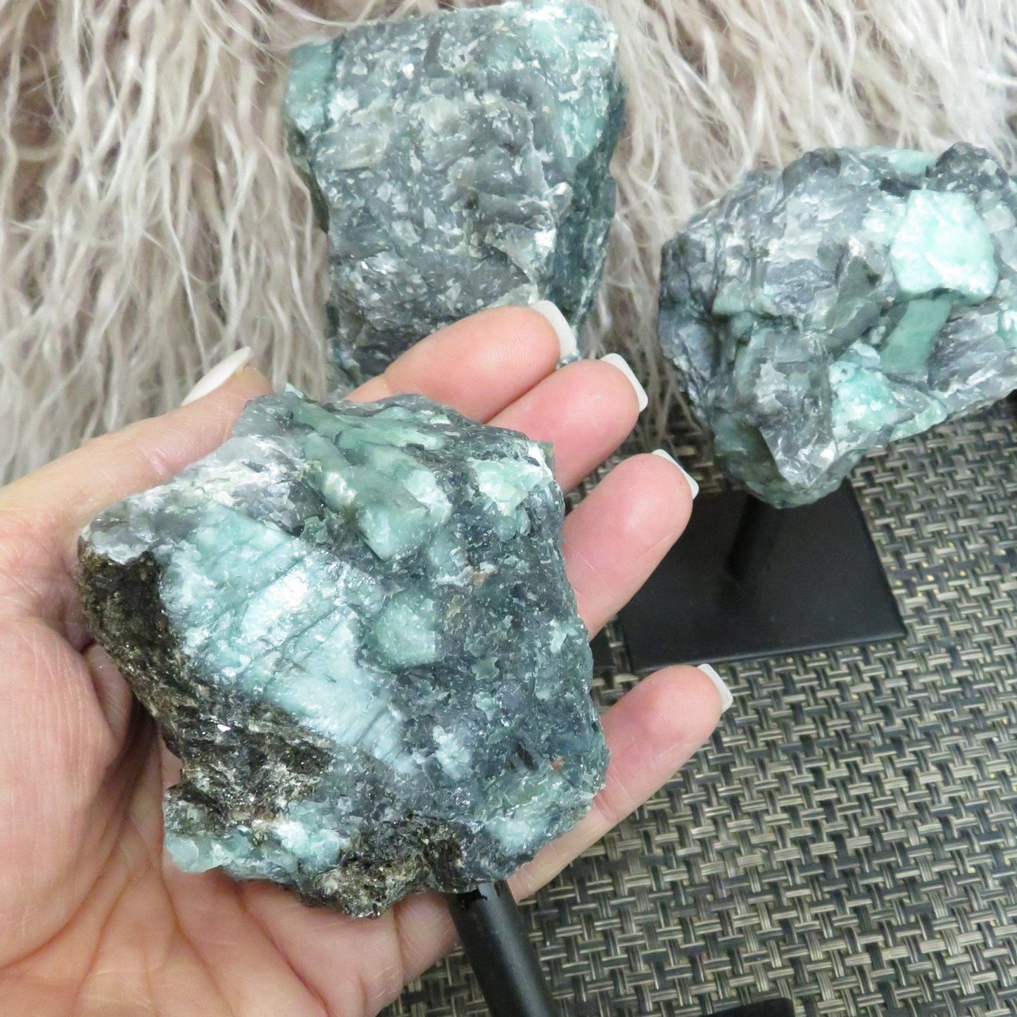 Crystal Emerald on Metal Stand - Raw Emerald Chunk (RK3-05)