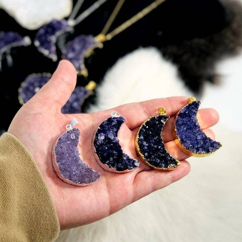 Amethyst Druzy Moon Pendants with Electroplated 24k Gold/Silver Edge: Gold