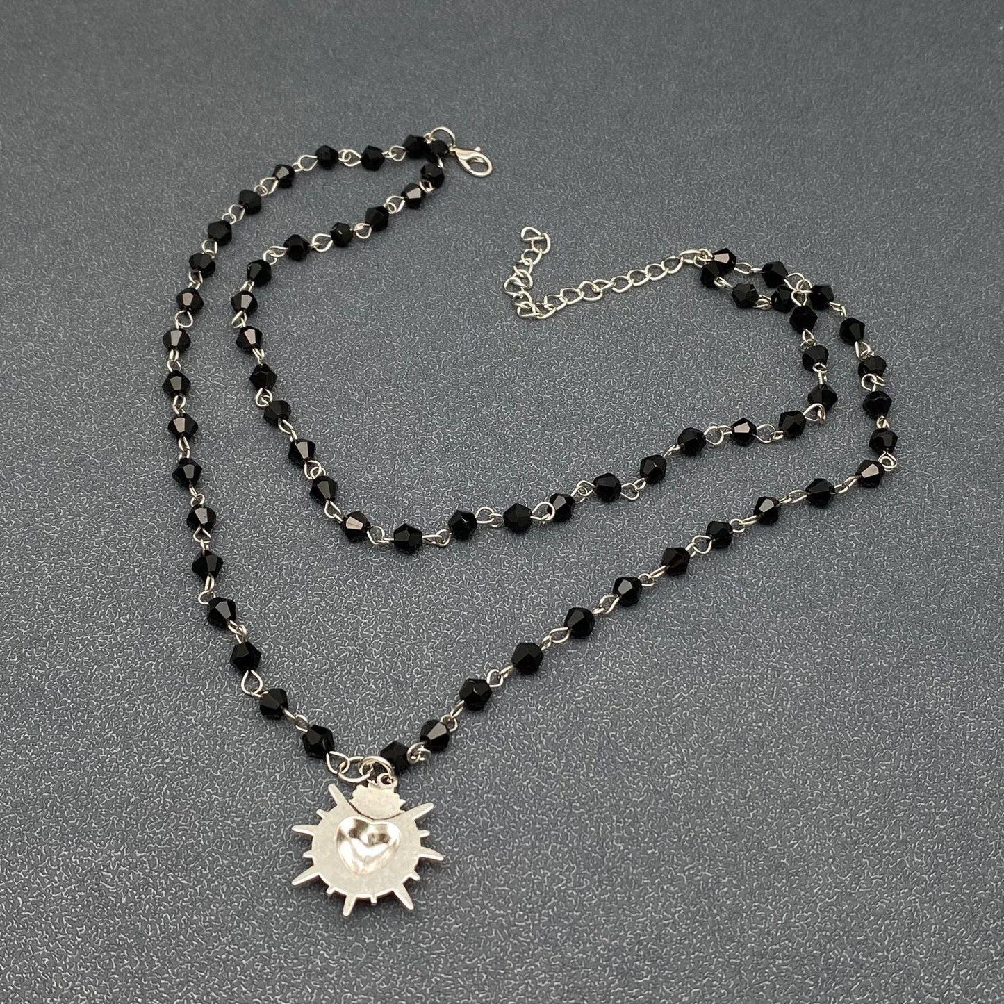 Gothic Black Heart Double Layered Crystal Beaded Necklace-GT