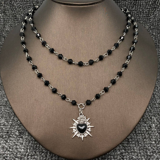 Gothic Black Heart Double Layered Crystal Beaded Necklace-GT