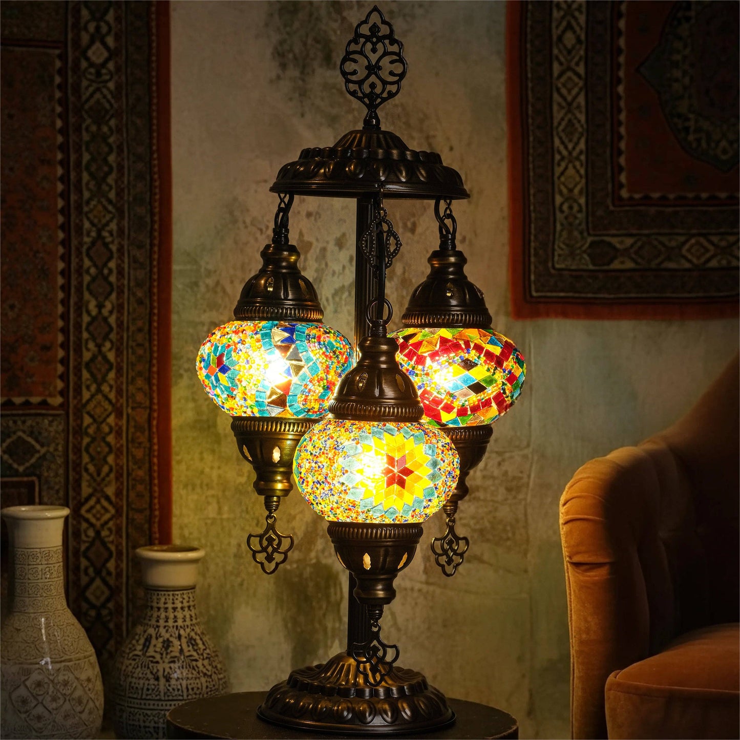 3-Globe Turkish Mosaic Table Lamp (Rainbow)