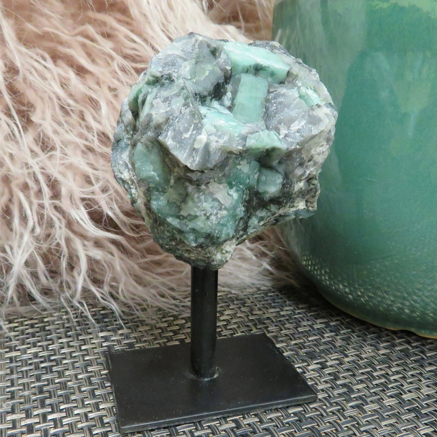 Crystal Emerald on Metal Stand - Raw Emerald Chunk (RK3-05)