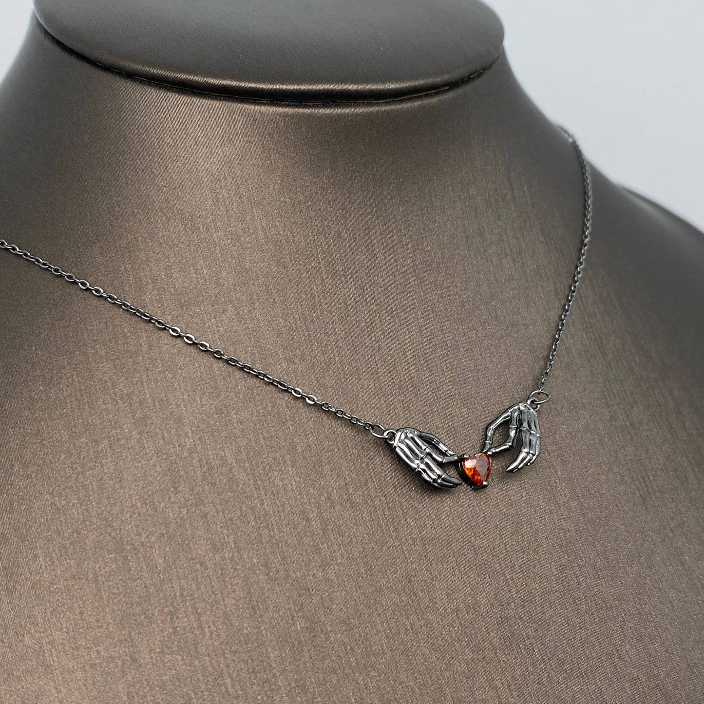 Gothic Style Heart In Skull Hand Black Necklace - GT
