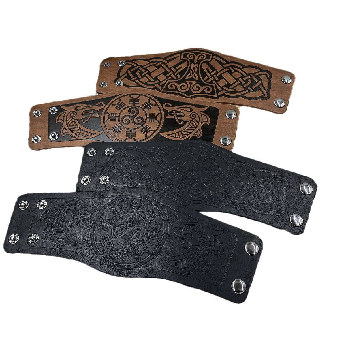 Viking Style Leather Cuff Bracelets with Embossed Design: Style A Dragon Brown (Single)