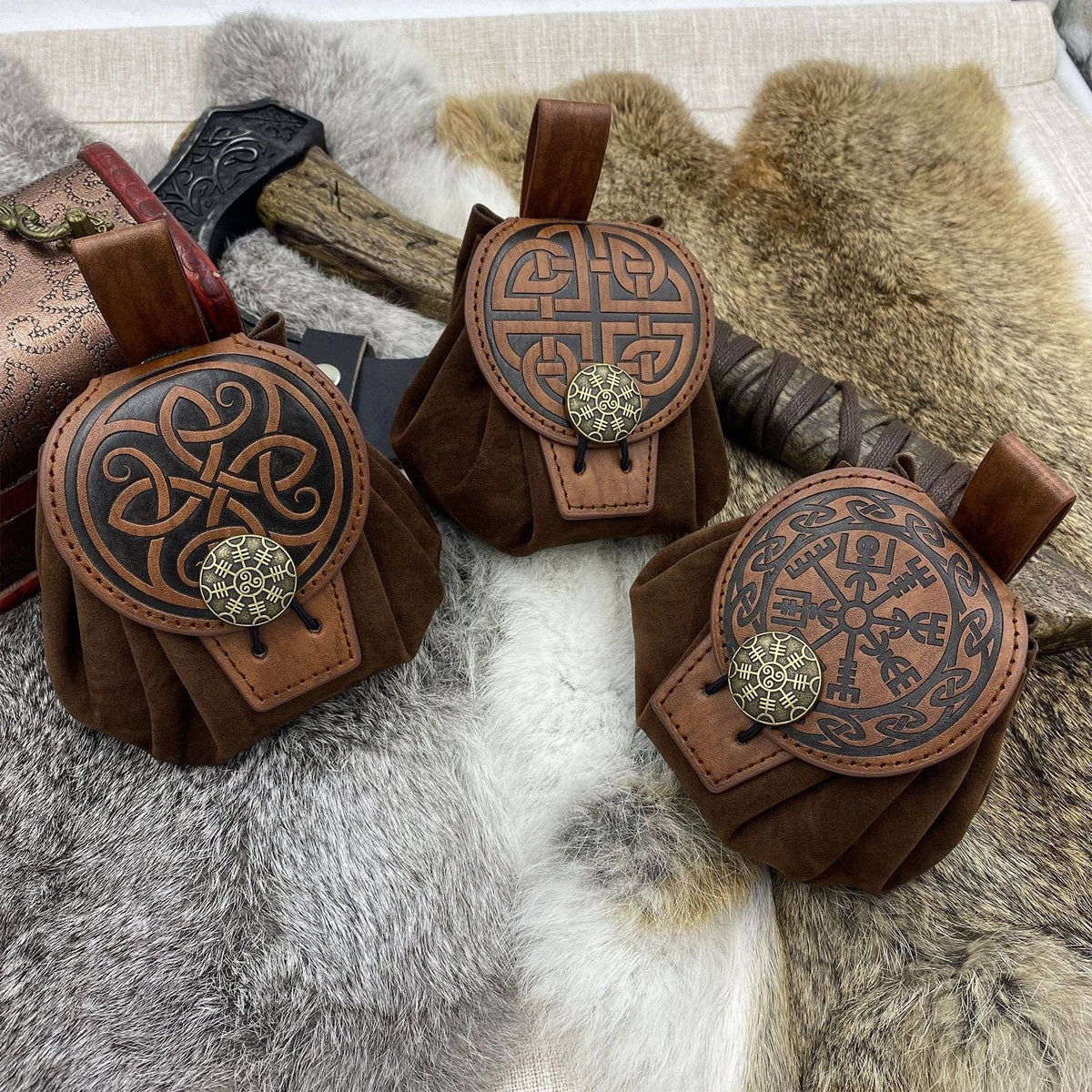 Medieval Disc Pouch Bag Nordic Viking Vintage Style: Style C Round Knot Brown