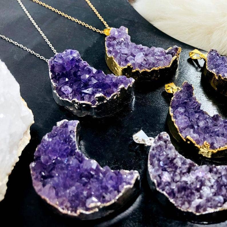 Amethyst Druzy Moon Pendants with Electroplated 24k Gold/Silver Edge: Gold