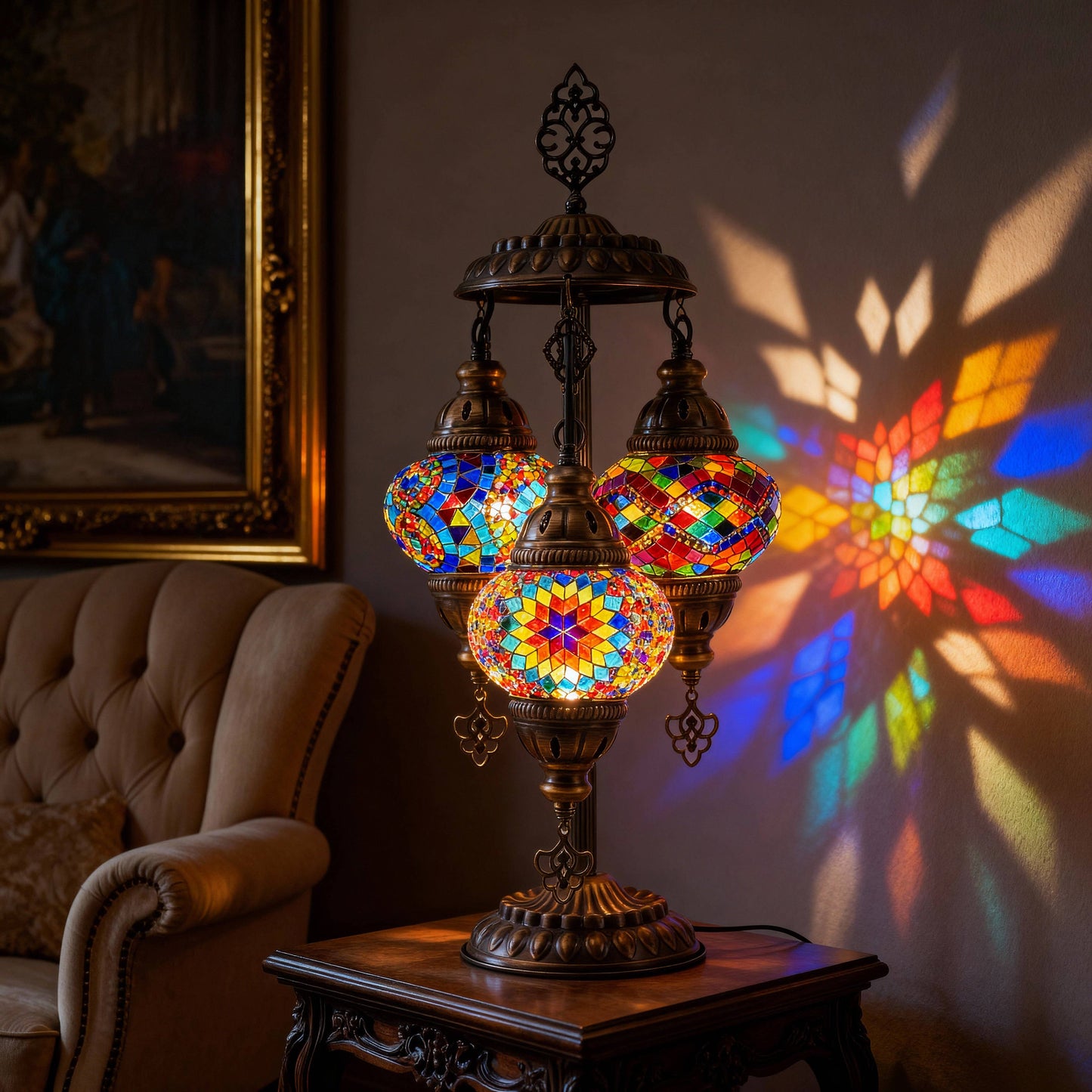 3-Globe Turkish Mosaic Table Lamp (Rainbow)