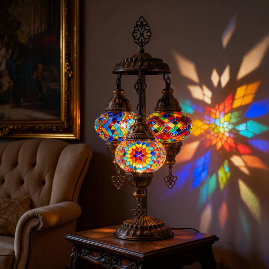 3-Globe Turkish Mosaic Table Lamp (Rainbow)