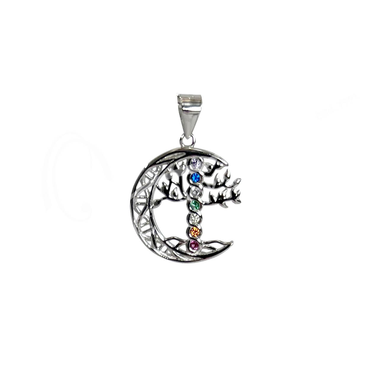 (PC)STERLING SILVER - PENDANT CHAKRA TREE MOON 0.85"