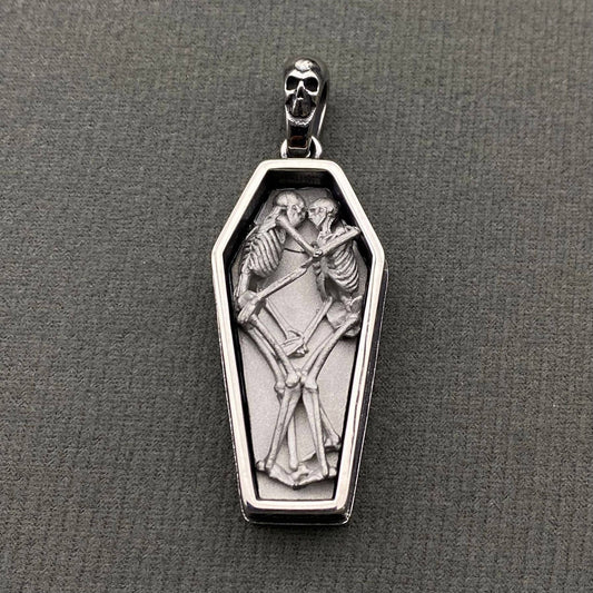 Stainless Steel Skeleton Couple In Coffin Craft Pendant - MJ/MNP/GT: Gray