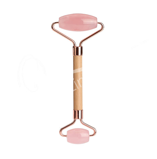 (PC)MASSAGER ROLLER - WOODEN HANDLE ROSE QUARTZ 5.75"L