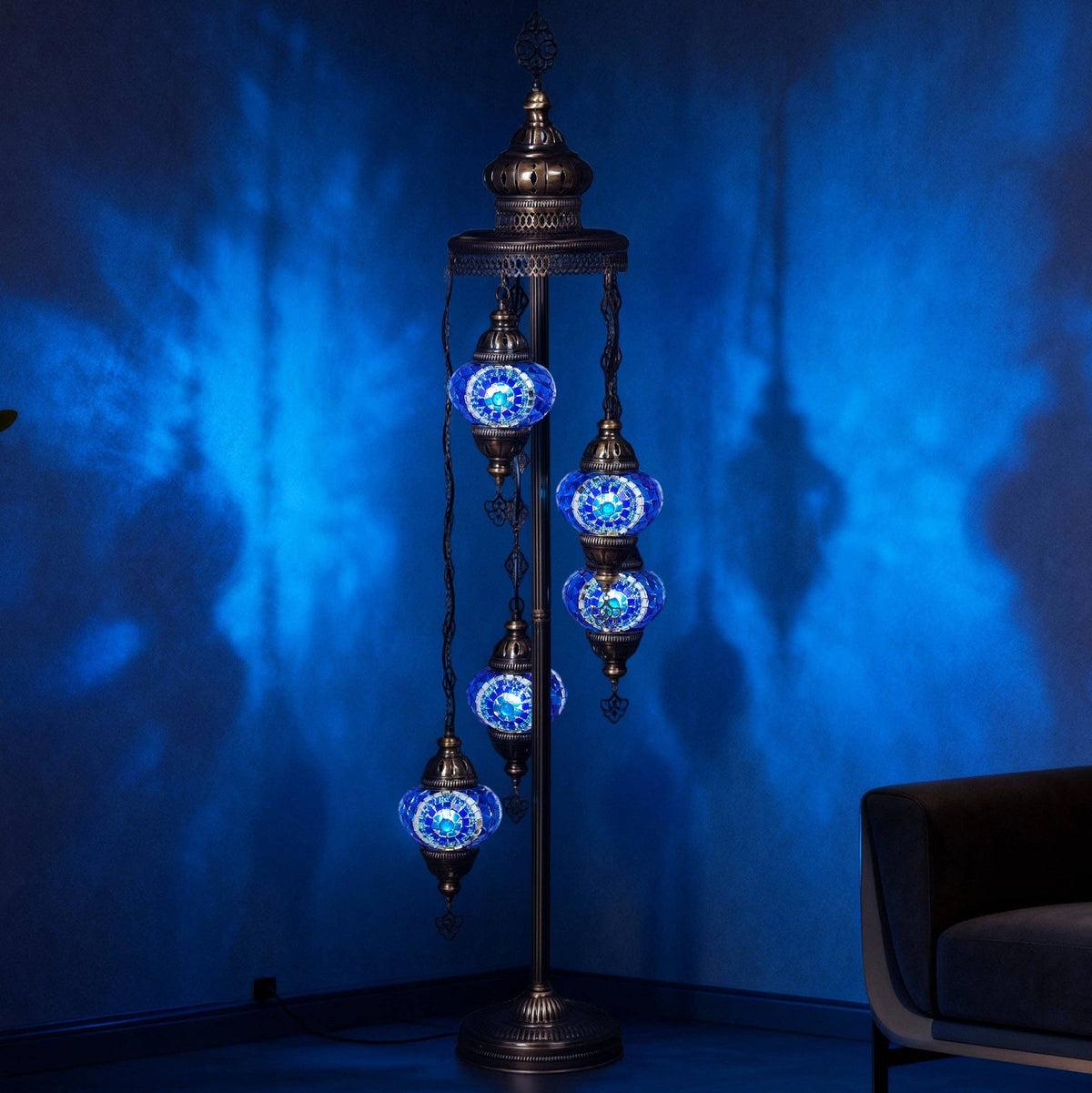 5-Globe Turkish Mosaic Floor Lamp (Blue)