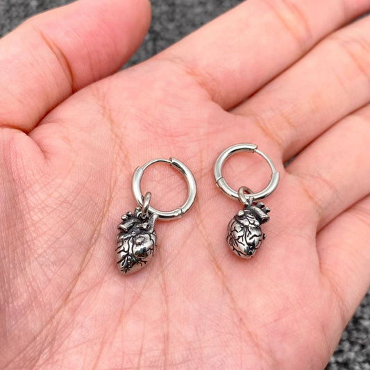 Gothic Heart Charm Stainless Steel Huggie Earrings - MJ/GT