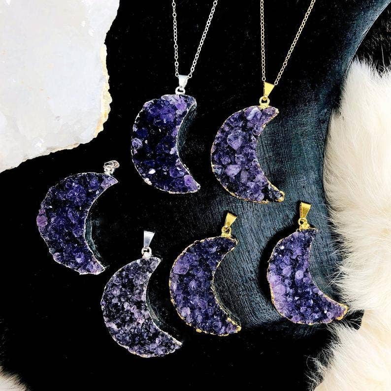 Amethyst Druzy Moon Pendants with Electroplated 24k Gold/Silver Edge: Gold