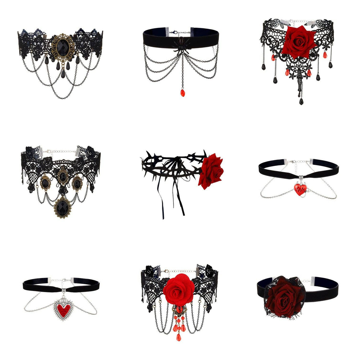 Gothic Lace Rose Choker Necklace with Tassels: YR3838-1
